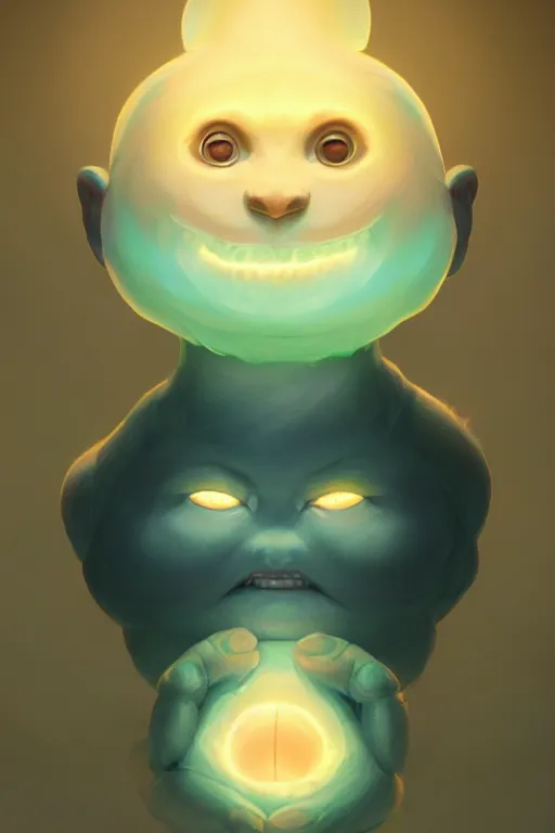 Prompt: super cute Bioluminescent earth deity character concept, only one face, soft light, soft mood, realistic body features and face, illustration, painting oil on canvas by Elena Zhurikhina and Goro Fujita and Charlie Bowater, octane render trending on artstation, 4k, 8k, HD