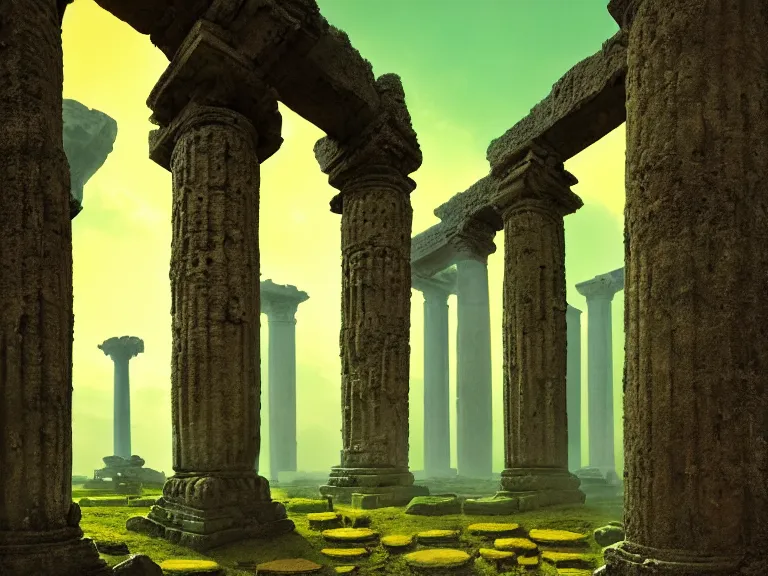 an ancient ruined temple with pillars made of flesh by Stable