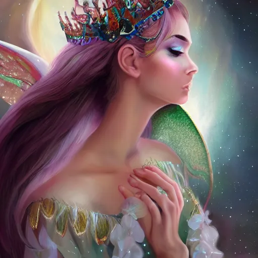 Image similar to detailed portrait of a fairy queen with wings wearing a silk robe, crown, pixie, iris, realism, emerald, galaxy, sapphire, blonde hair going down to touch the floor, moonlit, wearing a bejeweled mask, dark fantasy, dramatic lighting, cgsociety, artstation