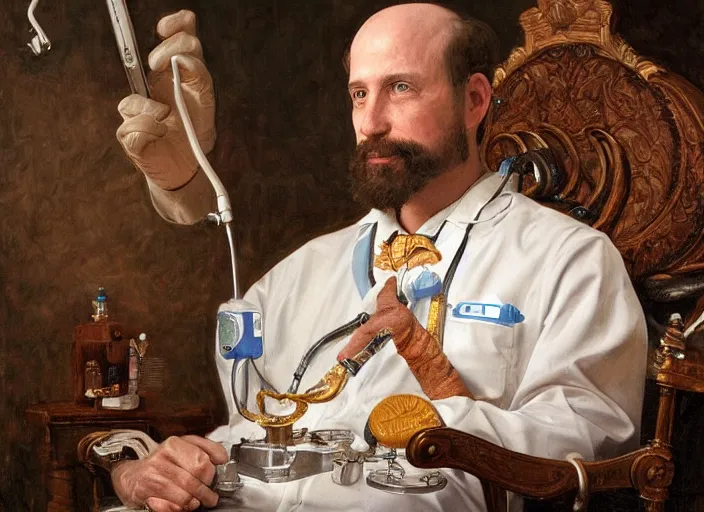 Image similar to a highly detailed king portrait of a dentist, james gurney, james jean