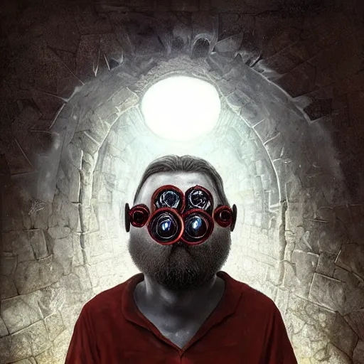 Prompt: michal karcz surrealism painting of Jack Black as an all seeing God. His eyes are watching everything. , horror theme, detailed, elegant, intricate, 4k,