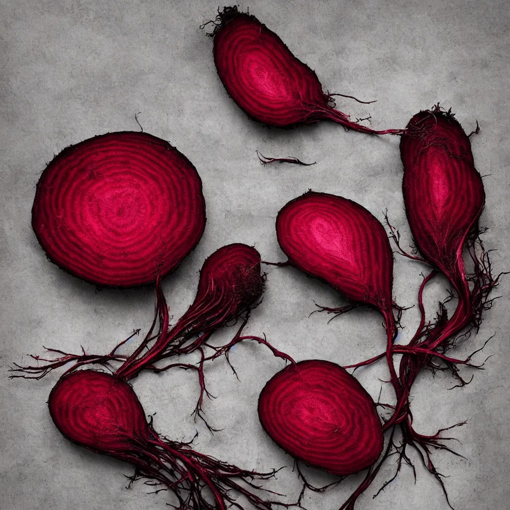 Image similar to embroidered beetroot with fractal roots, black, white and red, food photography. post - production : super detailed : masterpiece