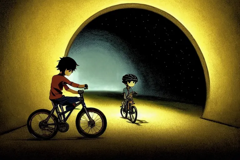 Prompt: a boy riding his bike alone through a tunnel at night, high intricate details, rule of thirds, golden ratio, cinematic light, anime style, graphic novel by fiona staples and dustin nguyen, by beaststars and orange, peter elson, alan bean, studio ghibli, makoto shinkai