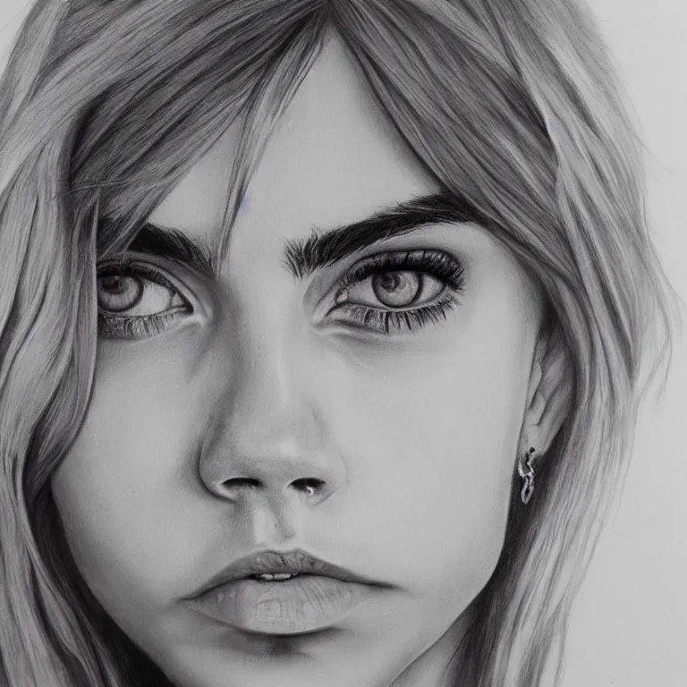 Prompt: Concept-art portrait of Cara Delevingne, photorealism, smiling face, clear eyes, pencil painting