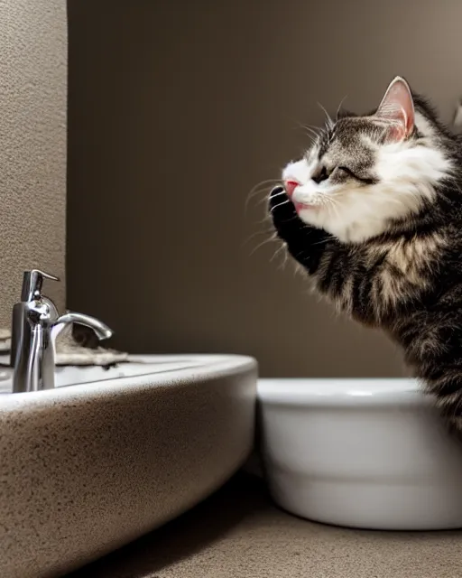 Image similar to Wide view of a Fluffy cat drinking water from a bathroom sink