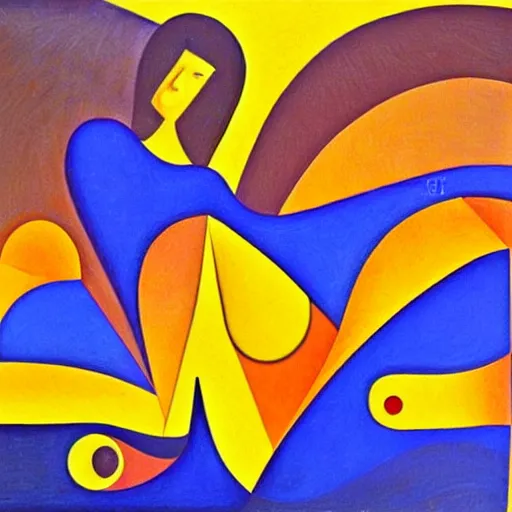 Image similar to woman as the natural landscape, her curves form the mountains and rivers of the land , high quality art in the style of cubism and georgia o’keefe,