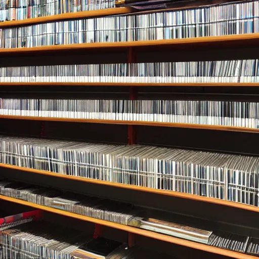 Prompt: huge audio archive storage facility with shelves from the floor to the ceiling full of cd cases