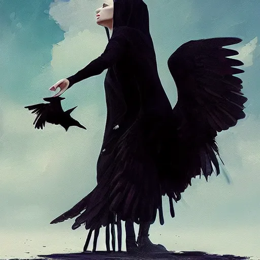 Image similar to morning, a woman in a black dress with a raven head. no face. sun, cinematic, clouds, vogue cover style, contracting colors mood, realistic painting, intricate oil painting, high detail, figurative art, poster art, by simon bisley, ismail inceoglu, wadim kashin, filip hodas. pixar theme.