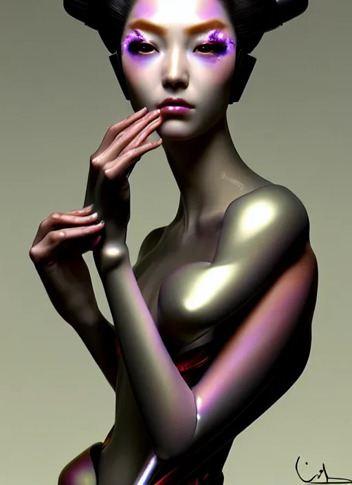 Image similar to organic seductive Geisha cyborg, pearlescent skin, diffuse lighting, fantasy, intricate, elegant, highly detailed, lifelike, photorealistic, digital painting, artstation, illustration, concept art, different full body view, smooth, sharp focus, art by John Collier and Albert Aublet and Leonardo da vinci and Krenz Cushart and Artem Demura and Alphonse Mucha