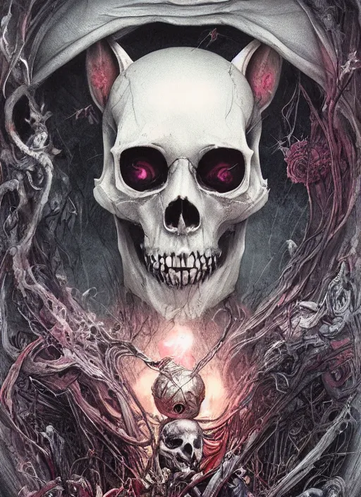 Prompt: white rabbit death tarot card, highly detailed, half skull face, cinematic, 8 k, by stanley artgermm, tom bagshaw, greg rutkowski, carne griffiths, ayami kojima, beksinski, giger, trending on deviantart, hyper detailed, horror, full of colour