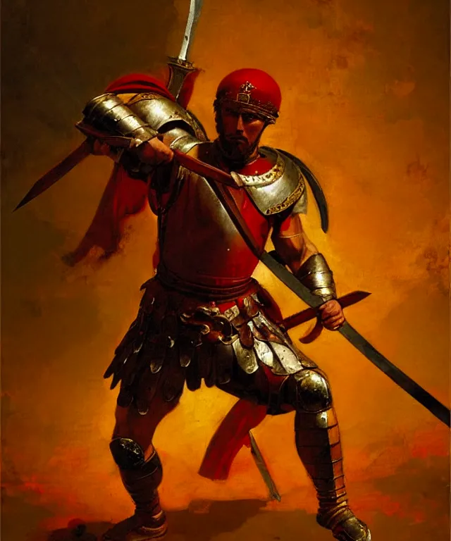 Prompt: renaissance painting of muscular roman soldier with sword by simon bisley and greg rutkowski, full body armor! dynamic battle pose, vivid red and gold color scheme, cinematic atmospheric lighting