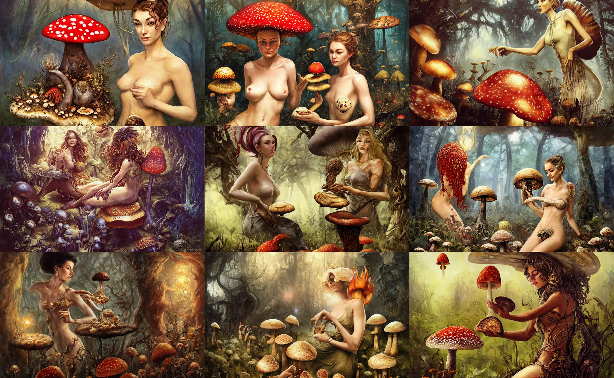 Prompt: A mixed media portrait painting of a beautiful mycologist woman tending her amanita muscaria mushrooms, detailed Aesthetic! face and eyes, slavic, by Frank Frazetta, Greg Rutkowski, Boris Vallejo, Christian MacNevin, epic fantasy character art, high fantasy, CGsociety, full length, exquisite detail, post-processing, masterpiece, cinematic