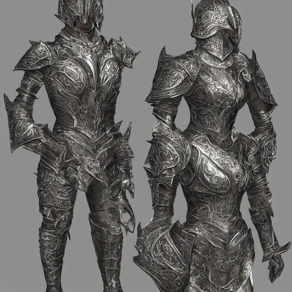 Image similar to 3 d rendered full suit of decorative female armor, filigree, lord of the rings, elder scrolls, detailed, art station, unreal engine