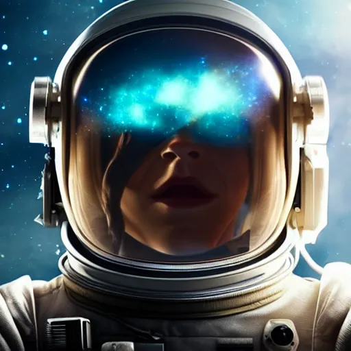 Prompt: excited emma watson's face inside astronaut's helmet, reflecting stars and galaxies, high detail, smooth, sharp focus, cgsociety, artstation, illustration, unreal engine, 8 k, 4 k