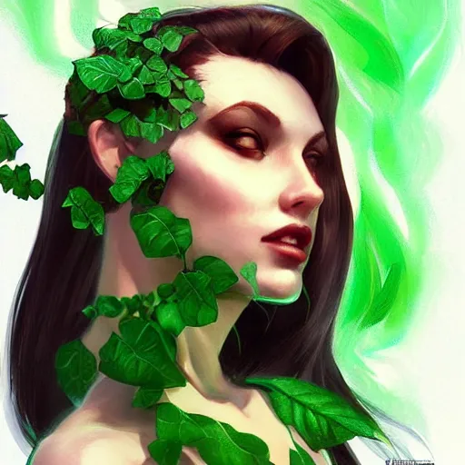 Image similar to profile view close up of a woman's mouth that is about to bite into a banana, summer queen. faerie queen. queen of light, green, poison ivy, made by caravaggio stanley artgerm lau wlop rossdraws artstation cgsociety concept art octane render