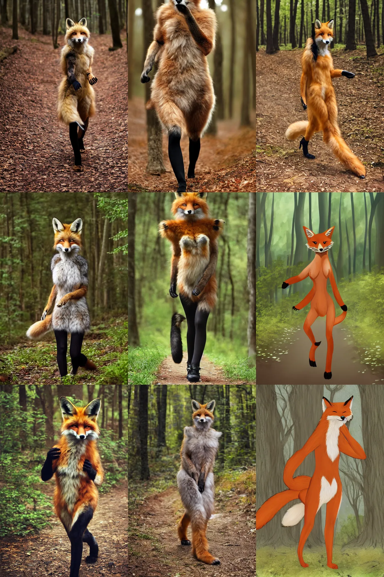 Prompt: anthro furry digitigrade natural - colored fox woman with black paws, walking upright in a forest, cinematic