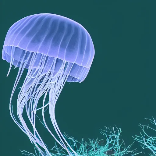 Prompt: jellyfish growing form tree branch,C4d,8k cleaning future ,-9n
