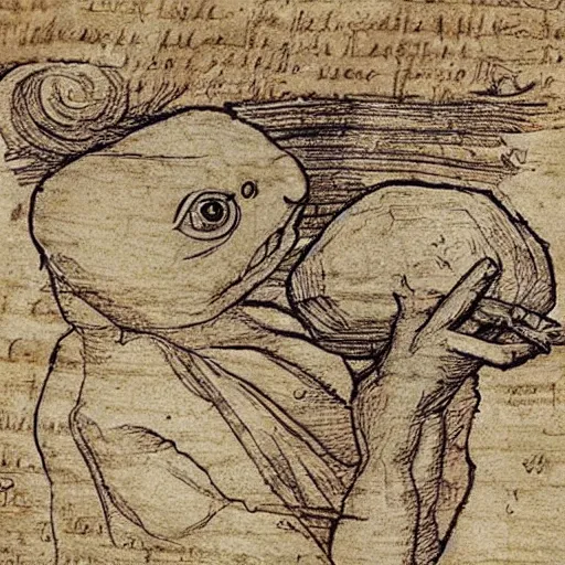 Prompt: ancient information about pepe drawn by leonardo davinci in papyrus paper, sketch, detailed, hyper realistic