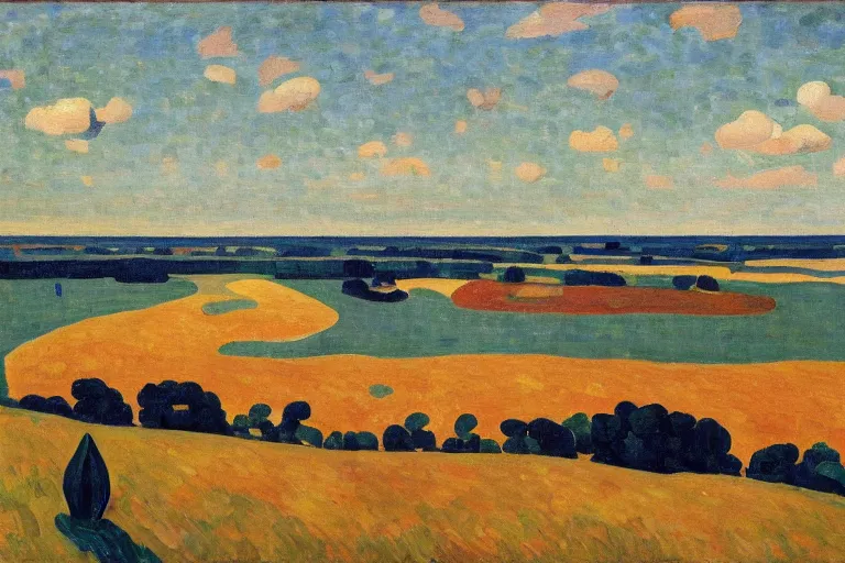 Image similar to A sprawling landscape painting of the Chesapeake bay in the fall, bathed in golden light, peaceful, sailboats, birds in the distance, golden ratio, fauvisme, art du XIXe siècle, oil on canvas by André Derain, Albert Marquet, Auguste Herbin, Louis Valtat, Musée d'Orsay catalogue