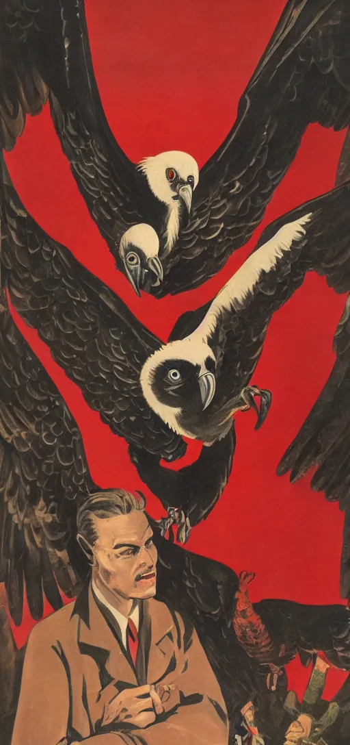 Image similar to mistery man in hood and red eyes with a dager, and a vulture, 1940s propaganda poster, full hd,highly detailed