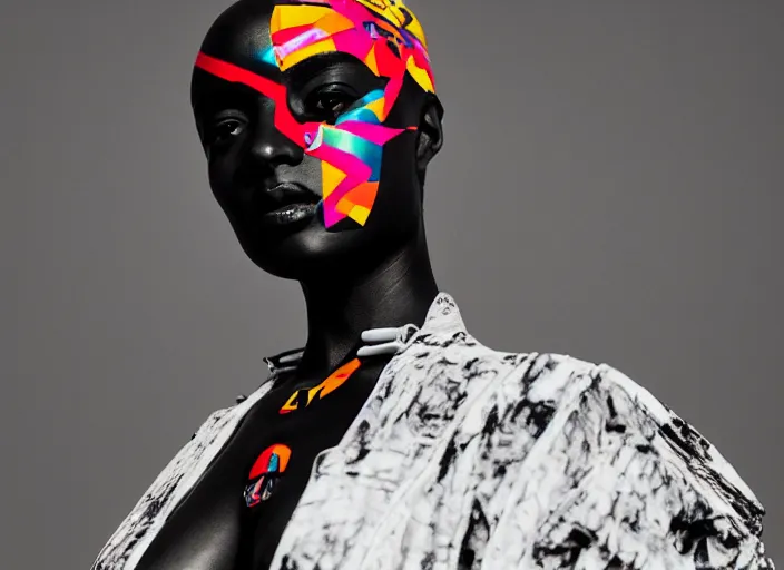 Image similar to extremely beautiful female black marble statue in the style of virgil abloh, colorful motocross logos behind her, sharp focus, clear, detailed,, cinematic, detailed, off white, glamourous, symmetrical, vogue, editorial, fashion, magazine shoot, glossy