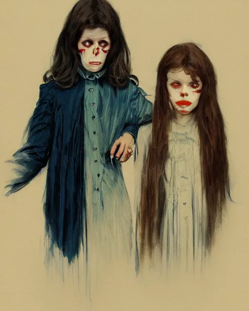 Image similar to two beautiful but creepy siblings wearing oxford shirts in layers of fear, with haunted eyes and dark hair, 1 9 7 0 s, seventies, wallpaper, a little blood, morning light showing injuries, delicate embellishments, painterly, offset printing technique, by brom, robert henri, walter popp