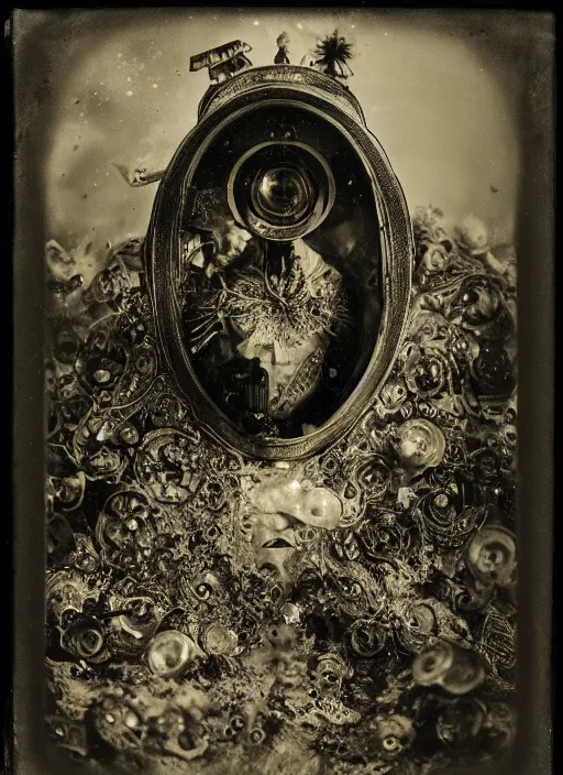 Image similar to old wetplate daguerreotype, portrait of a futuristic time traveler, explosion of data fragments, fractal, intricate, elegant, highly detailed, parallax, leica, medium format, subsurface scattering, by jheronimus bosch and greg rutkowski and louis jacques mande daguerre