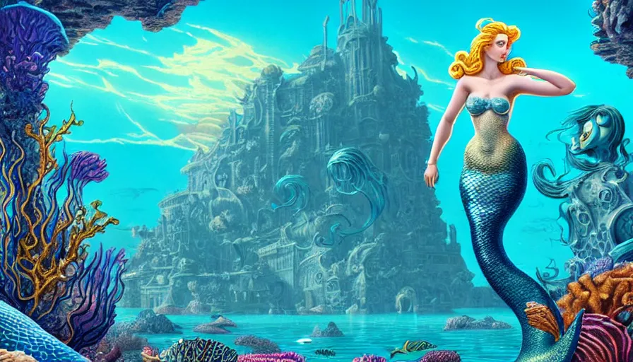 Prompt: a beautiful mermaid looking at the sunken city of Atlantis under water, rays of sunlight, stunning grand architecture in the style of Joe Fenton, fish and sea creatures in background, detailed digital art style by Tom Whalen, 8k octane beautifully detailed render, post-processing, extremely hyperdetailed, intricate, epic composition, grim yet sparkling atmosphere, cinematic lighting + masterpiece, trending on artstation, very detailed, vibrant colors, Art Nouveau, volumetric god rays, deep underwater scene, sharp focus, smooth, dizzy, moody