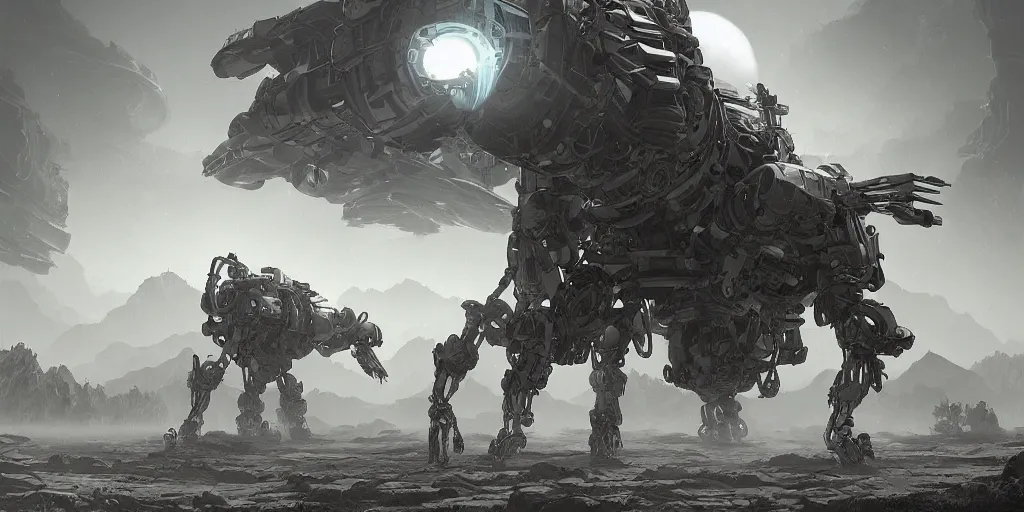 Image similar to robotic mechas in highly detailed alien planet with lush vegetation, deserts and mountains, desaturated, fog, mystical, artgerm, cgsociety