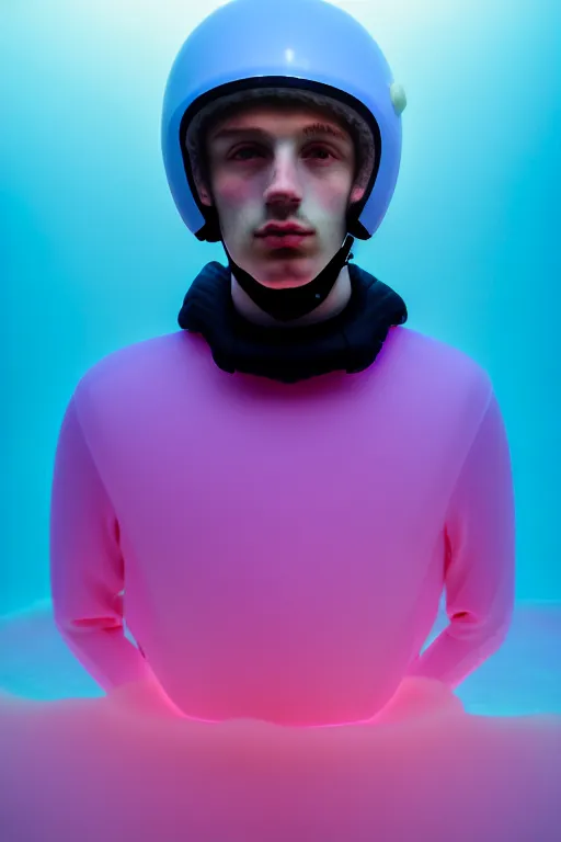 Prompt: high quality pastel coloured film mid angle portrait photograph of a beautiful young 2 0 year old male, soft features, short hair, rubber bike helmet and oversized inflated clothing!!!! icelandic black! rock pool environment. atmospheric three point light. photographic. art directed. ( pastel colours ). volumetric. clearcoat. waves. 8 k. filmic.