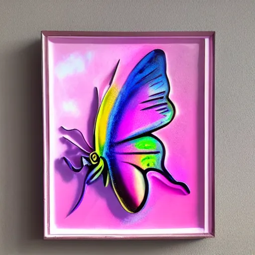 Prompt: butterfly ice sculpture, pink, purple, glow, steam at the bottom, oil painting