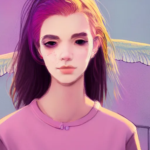 Image similar to portrait of a young woman, septum piercing, winged eyeliner, pastel clothing, urban environment, depth of field, character design, concept art