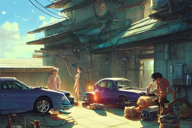 Image similar to rats fixing cars in the garage, key visual, a fantasy digital painting by makoto shinkai and james gurney, trending on artstation, highly detailed