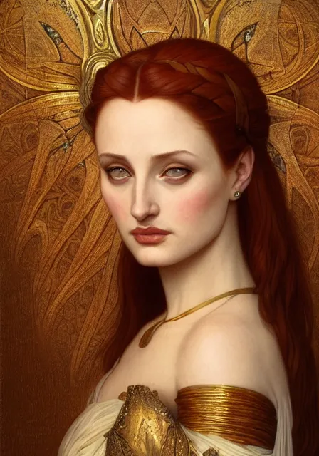 Prompt: sansa angeline jolie gessica chastain mummy cleopatra gold blood, intricate, elegant, highly detailed, digital painting, artstation, concept art, smooth, sharp focus, illustration, art by artgerm and greg rutkowski and alphonse mucha and william - adolphe bouguereau