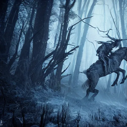 Image similar to the wild hunt, spectres of the night, otherworldly, wraiths, bad omen, fast paced riding, blizzard, storm, enchanted, forest, fog, snow, ice, dreamy, witcher 3, cinematic, breathtaking, vfx, physically based rendering, unreal 5, cgi, concept art, trending in artstation, intricate details, dark fantasy, 8 k