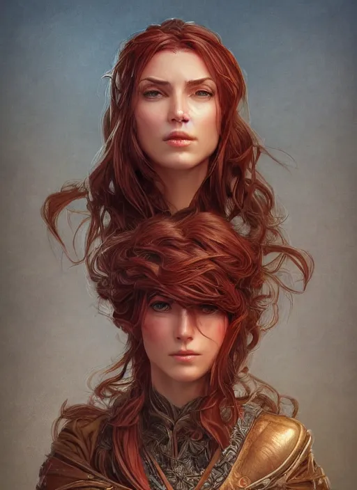 Prompt: portrait of a ruggedly handsome female cleric, soft hair, close - up face, leather, witchy, d & d, fantasy, intricate, elegant, highly detailed, digital painting, artstation, concept art, smooth, sharp focus, illustration, art by artgerm and greg rutkowski and alphonse mucha, plain red background