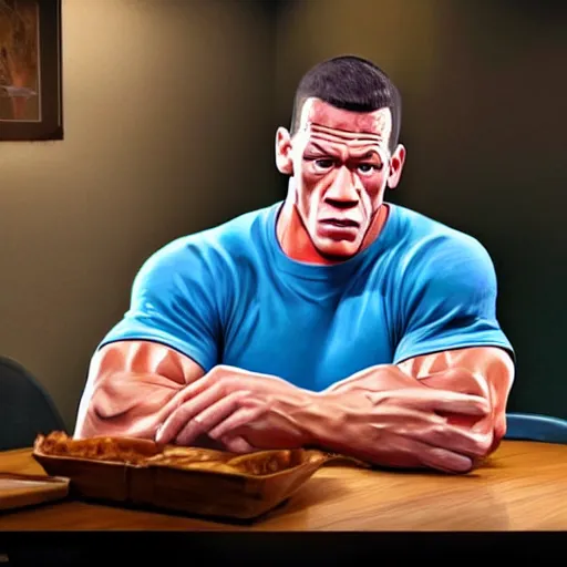 Image similar to john cena sitting at a table breaking down and crying about the fact that his social credit score has gone down for the 5 0 th time this week realistic hyperrealistic 4 k resolution 8 k resolution highly detailed very detailed extremely detailed hd quality detailed face very detailed face extremely detailed face trending on artstation