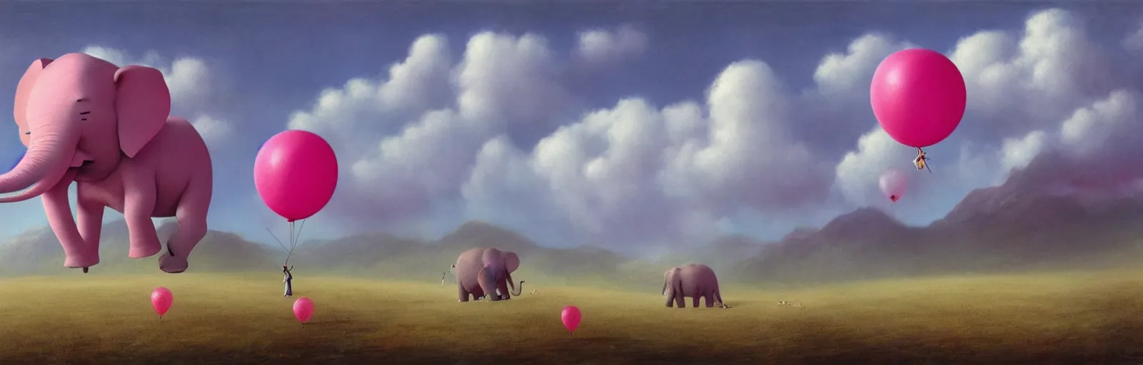 Image similar to A pink elephant happily walking in a field of clouds, balloons in the sky, mountains in the background, illustration, detailed, smooth, soft, warm, by Adolf Lachman, Shaun Tan, Surrealism