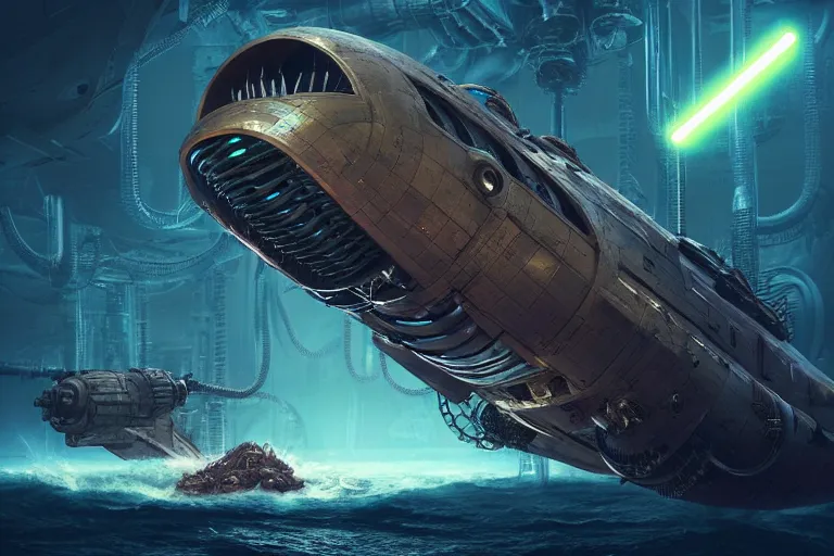 Prompt: a very realistic movie still of a cyborg chthulu devouring a tiny steampunk submarines, highly detailed render by beeple, syd meade, starwars, space art concept, sci - fi, digital art, unreal engine, wlop, trending on artstation, 4 k uhd image, octane render