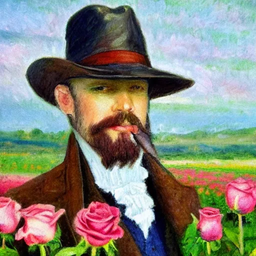 Image similar to an impressionist painting of a tall man with blue eyes that is wearing a wide brim hat and a leather vest. He is holding a revolver in his left hand and a rose is in his right hand. He is standing in a field of roses. He does not have facial hair.