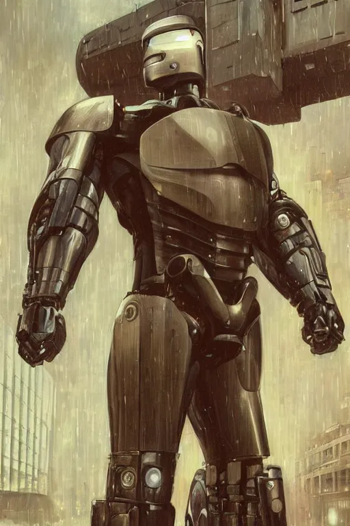 Prompt: Robocop portrait, rainy Detroit by Stanley Artgerm Lau, greg rutkowski, thomas kindkade, alphonse mucha, loish, norman Rockwell