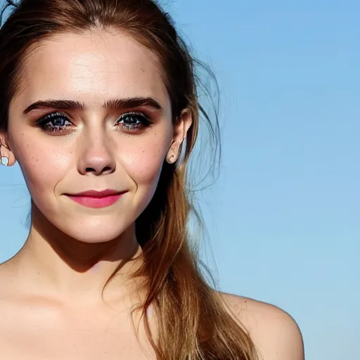 Image similar to a woman who is a genetic combination of elizabeth olsen and emma watson face and upper - body focus