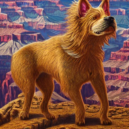 Image similar to doglike creature standing in the grand canyon, extreme detail, abstract realism, highly ornate intricate details, 1 9 2 0's colored pencil, 4 k, cinematic lighting,