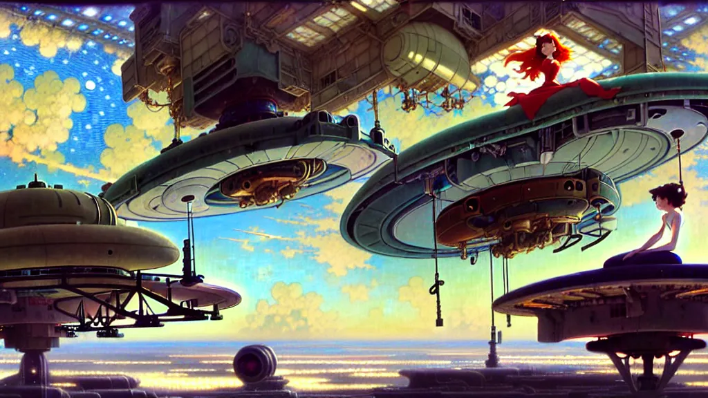 Image similar to a film still of a 1 9 5 0's mechanic anime girl sitting on top of flying ufo landing in hangar of giant ufo spaceship, trending on pixiv fanbox, painted by gaston bussiere, makoto shinkai, akihiko yoshida, gaston bussiere, craig mullins