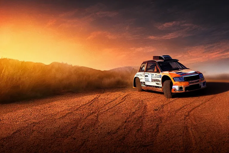 Image similar to far away rally car on the dirt road, extremely detailed digital art, sunset, orange gradient, 8k