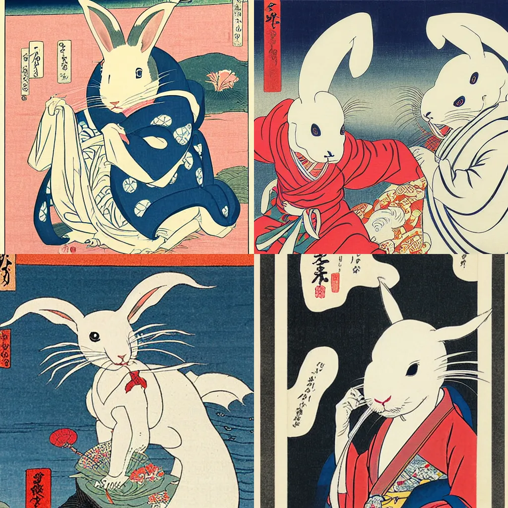 Prompt: the great white rabbit off kanagawa ukiyo-e print