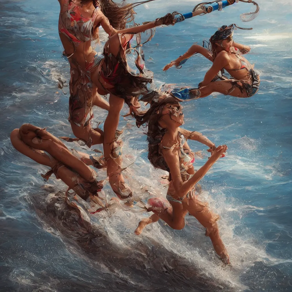 Prompt: barefoot waterskier, 8 k, by tristan eaton, stanley artgermm, tom bagshaw, greg rutkowski, carne griffiths, trending on deviantart, hyper detailed, glorious lighting, dramatic lightning