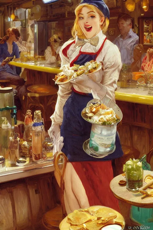 Prompt: illustration of a white female anthro wolf waitress serving milkshakes, 5 0's diner, 4 k, furaffinity, trending on artstation, very expressive face, energetic, bright colors, by gaston bussiere, craig mullins, j. c. leyendecker, gustav klimt, artgerm, greg rutkowski, alphonse mucha