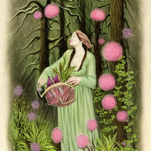 Image similar to In the body art Vasilisa can be seen standing in the forest, surrounded by animals. She is holding a basket of flowers in one hand and a spindle in the other. Her face is turned towards the viewer, with a gentle expression. In the background, the forest is depicted as a dark and mysterious place. botanical illustration, pastel green by Genndy Tartakovsky, by Charles Angrand peaceful