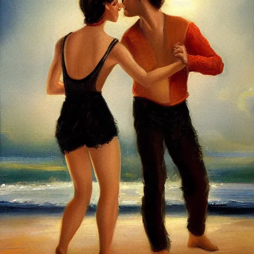 Prompt: A brunette Colombian woman and a Caucasian man dance intimately on a misty pier at midnight, sensual, romantic, oil painting
